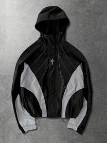 ROMWE MEN Prep Unisex Contrast Color Patchwork Windbreaker Long Sleeve Jacket, Casual Hooded Jacket For Autumn/Winter - Black - View 1