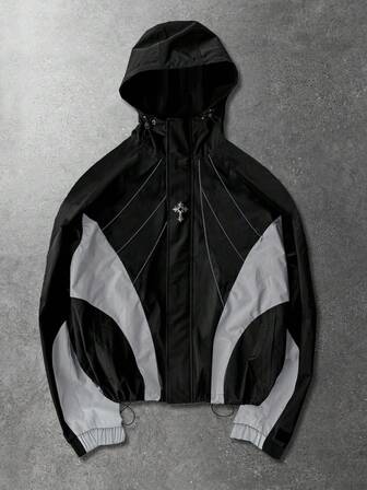 Unisex Contrast Color Patchwork Windbreaker Jacket, Casual Hooded Coat For Autumn/Winter