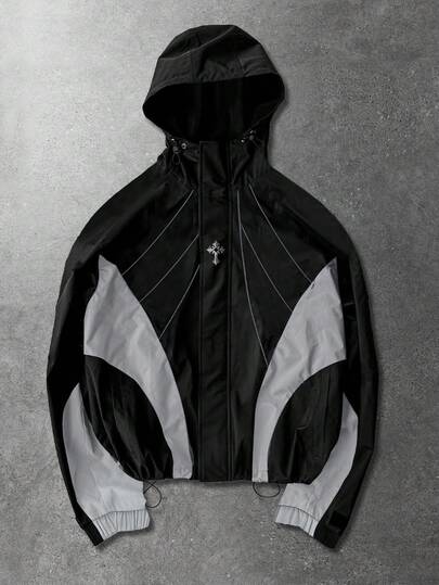Unisex Contrast Color Patchwork Windbreaker Jacket, Casual Hooded Coat For Autumn/Winter