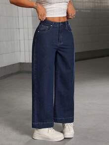 SHEIN PETITE Jeans rectos de tiro bajo lavados para mujer - Azul - Ver 6