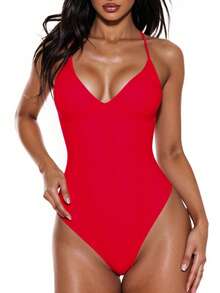 Swim Basics 2025 Women Solid Color Criss-Cross Back One-Piece Swimsuit