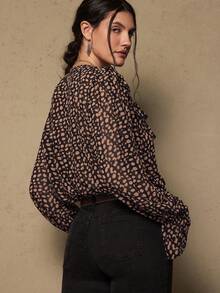 Freevana Plus Size Elegant Vintage Polka Dot Black Ruffle Collar Long Sleeve Blouse - Black - View 2