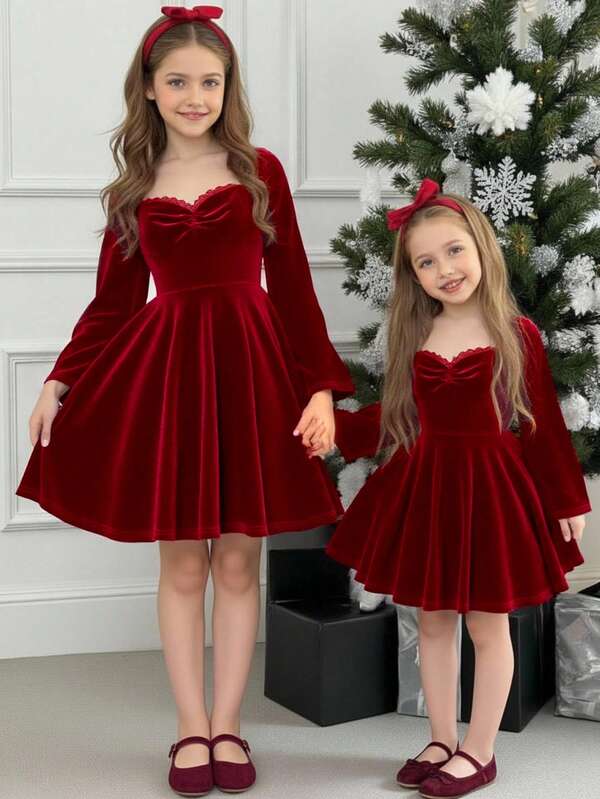 SHEIN Vestido rojo vino elegante de terciopelo para niña preadolescente con cuello corazón, mangas acampanadas fruncidas y cintura ceñida, adecuado para fines de semana, salidas casuales, bailes de graduación, Halloween, Navidad y Año Nuevo