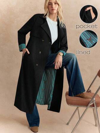 Écloséra Fransk retro marinblå randig trenchcoat med snörning, originalt tyg, bälte i midjan, sneda fickor, långärmad för dam, höst/vinter, med kontrasterande fjärilstryck i fodret