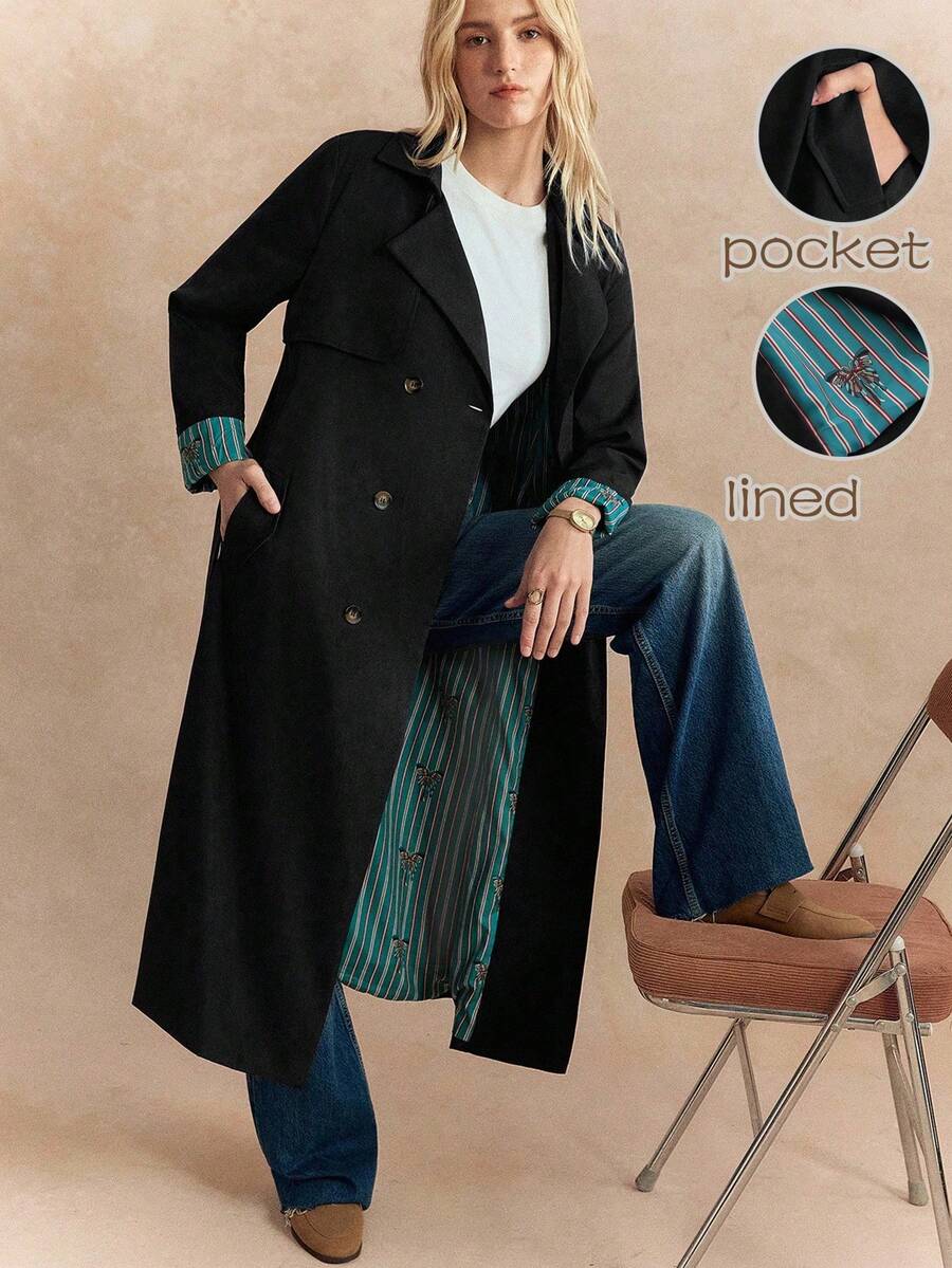 Écloséra French Retro Navy Blue Striped Fitted Lapel Original Fabric Belt Waist Closure Slant Pockets Women's Autumn/Winter Long Sleeve Trench Coat With Contrasting Butterfly Print Lining - Black - View 1