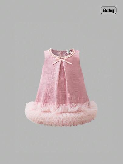 Sweetra Flower Girl Elegant 3D Floral Trim Bow Decor Sleeveless Dress, Suitable For Wedding, Party, Birthday, Holiday, Photo Shooting, Summer