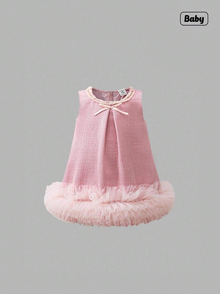 Sweetra 花童优雅 3D 花卉装饰蝴蝶结无袖连衣裙，适合婚礼、派对、生日、节日、拍照、夏季 - 粉色 - 查看 1