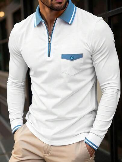 Manfinity Mode Men's Casual Contrast Collar Long Sleeve Polo Shirt, Autumn Men Zip Up Shirt Men Fashion Tops Mens Casual Tops Zipper Polo Shirt Polo Shirts For Men Long Sleeve