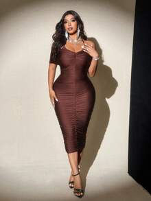 Viva Relle Robe moulante élégante pour femmes grandes tailles avec épaules dénudées, froncée et col noué - Marron fonçé - Voir 6