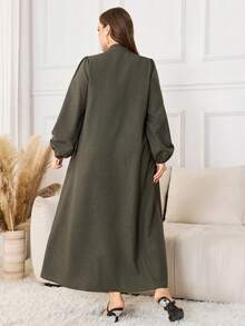 Lacomfia Robe ample pour femmes grande taille, style minimaliste mode, avec patchwork de dentelle et sequins, manches longues, fermeture éclair, pour un usage quotidien - Acajou - Voir 2