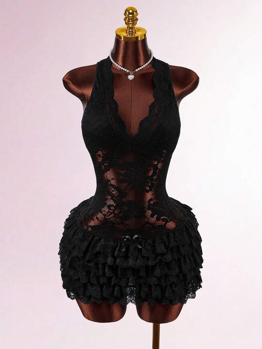 Y2K Amplova Romantic Vintage Lace Black Sheer Deep V Waist Layered Cake Skirt Mini Dress For Women Black Lace Bodysuit Black See Through Dress Sexy Women Clothes Christmas Outfit For Women New Year Dress - Black - View 1