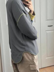 FRIFUL 女士藏蓝色撞色绿色圆领白色明线装饰落肩长袖宽松休闲百搭T恤，秋冬款 - 灰色 - 查看 5