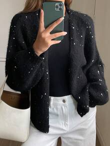 Livesso 女士休闲V领亮片开衫，秋季款 - 黑色 - 查看 1