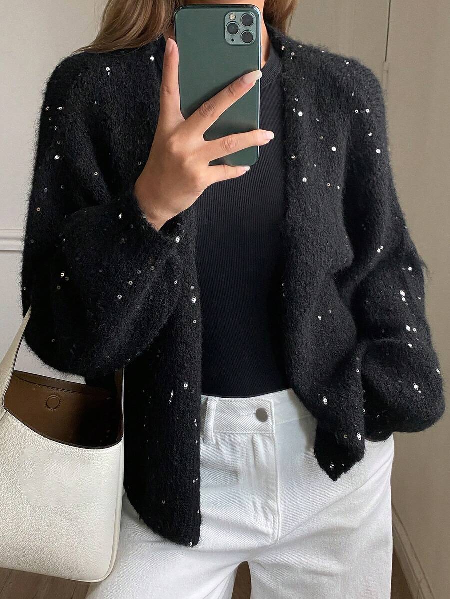 Livesso 女士休闲V领亮片开衫，秋季款 - 黑色 - 查看 1