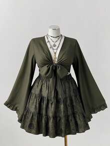 Sunspun 两件套：森林绿刺绣编织上衣搭配编织半裙，初秋 - 軍綠色 - 查看 4