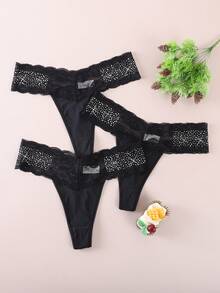 3pcs/Pack Fashionable Sexy Lace Patchwork Rhinestone Thong Panties - Black - View 2