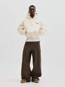 SUMWON 男士短款刺绣套头连帽衫，带抽绳中心口袋，休闲卫衣 - 杏色 - 查看 6