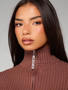 Missguided x Playboy Ribbed Knit Zip Up Cardigan With Logo Print Fall Winter Lightweight Jacket - Coffee Brown - View 6