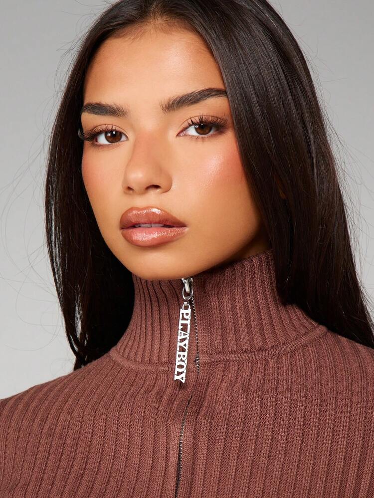 Missguided x Playboy Ribbed Knit Zip Up Cardigan With Logo Print Fall Winter Lightweight Jacket