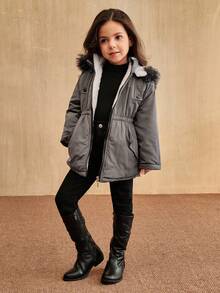 SHEIN Elladie kids 女童休闲装饰连帽束腰派克大衣，适合冬季穿着，幼儿女童冬季外套，女童带帽冬季外套，婴儿女童冬季外套，儿童灰色冬季外套，女童灰色派克大衣，粉色保暖内衬冬季外套，秋季款 - 灰色 - 查看 7