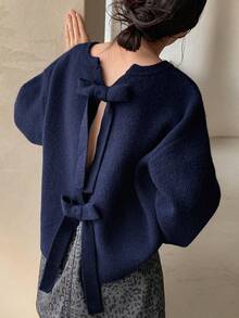 DAZY Tween Mädchen Pullover mit Rundhalsausschnitt und Schleifen-Dekor, Herbst - marineblau - Übersicht 5