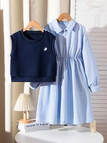 少女休闲装扮，秋季新款时尚，韩式学院风背心和条纹衬衫 - 彩色 - 查看 4