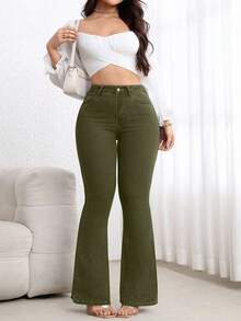 SHEIN Essnce 大码高腰修身喇叭裤水洗深蓝色牛仔裤 - 軍綠色 - 查看 7