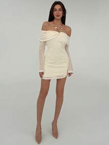 Aloruh Vestido mini ajustado con hombros descubiertos, textura y drapeado elegante para mujer - Albaricoque - Ver 6