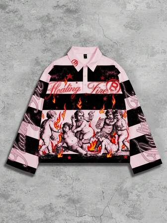 Street Life Men's Street Graphic Religious Print Striped Polo Collar Long Sleeve T-Shirt, Autumn/Winter