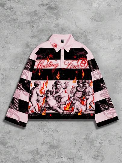 Street Life Camiseta de manga larga con cuello polo, estampado gráfico y rayas para hombre, otoño/invierno