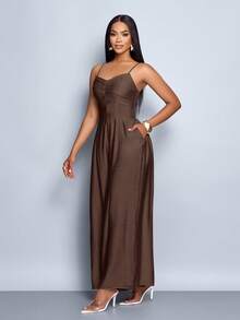 SOLERSUN 女士垂褶前襟垂褶领系带露背阔腿吊带连体裤，适合日常穿着和度假 - 咖啡棕 - 查看 4