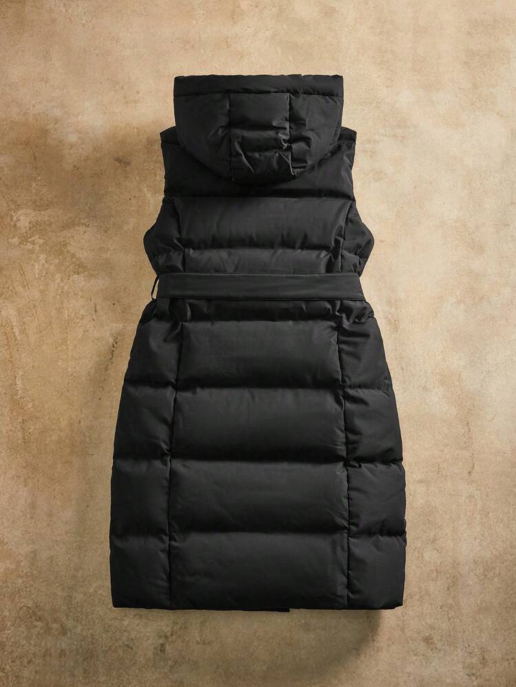 Thick Quilted Sleeveless Cinched Waist Vest Jacket For Women