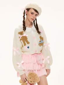 ROMWE Kawaii 女士休闲V领可爱小熊刺绣爱心蝴蝶结落肩长袖开衫毛衣 - 米色 - 查看 6