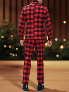 Manfinity Mode Men's Plaid Suit 2 Piece Set,Red And Black Lapel Long Sleeve Jacket And Pants,Summer Elegant Outfit For Dinner,Evening Party,Birthday,Christmas Gift - Burgundy - View 2