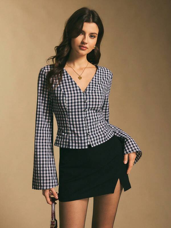 Poéselle Women's Gingham Tie-Back Blouse – V-Neck Button-Front Peplum Top With Flared Sleeves Ingham Blouse Tie Back Top Women Peplum Button Down V Neck Shirt Female Cottagecore Top Flare Sleeve Blouse Waist Cinching Shirt Checkered Fashion Women's V-Neck Raglan Sleeve Button Front Plaid Casual Cropped Shirt  Checkered Top