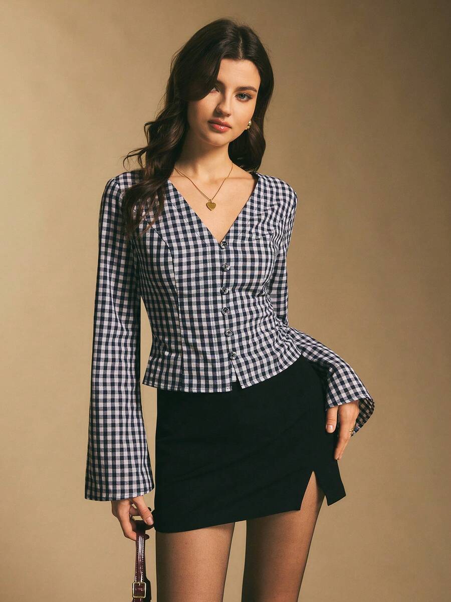 Poéselle Women's Gingham Tie-Back Blouse – V-Neck Button-Front Peplum Top With Flared Sleeves Ingham Blouse Tie Back Top Women Peplum Button Down V Neck Shirt Female Cottagecore Top Flare Sleeve Blouse Waist Cinching Shirt Checkered Fashion Women's V-Neck Raglan Sleeve Button Front Plaid Casual Cropped Shirt  Checkered Top - Blue and White - View 1