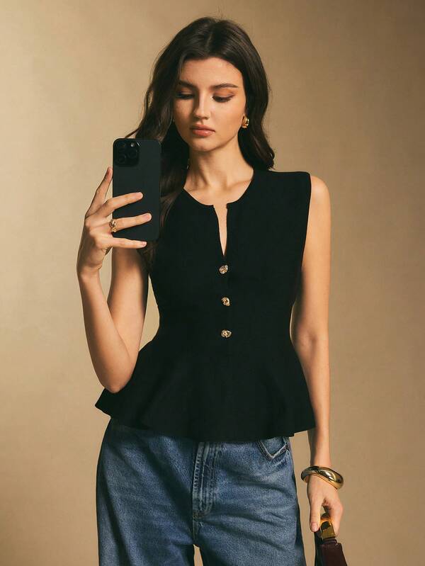 Poéselle Women's Solid Color Metal Buckle Ruffle Hem Elegant Sweater Vest, Casual Women, New Year's For Women, Suitable For Daily Wear, Going Out, Commuting Fall/Winter, Tops For Women Elegant, Black Top Women