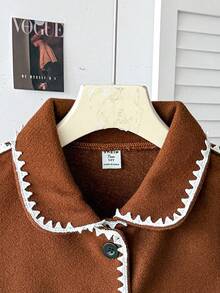 Teen Girl CasualAll-Matchc Versatile Black & White Contrast Trim Collar Large Pocket Jacket, Autumn/Winter - Brown - View 4