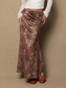 Freevana 大码女式休闲度假风佩斯利印花低腰鱼尾裙 - 卡其色 - 查看 1