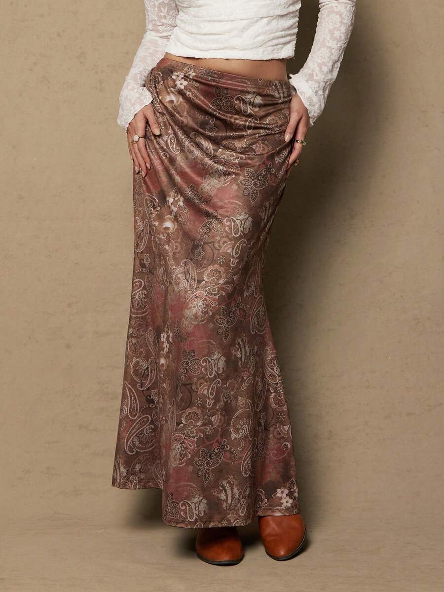 Freevana 大码女式休闲度假风佩斯利印花低腰鱼尾裙 - 卡其色 - 查看 1