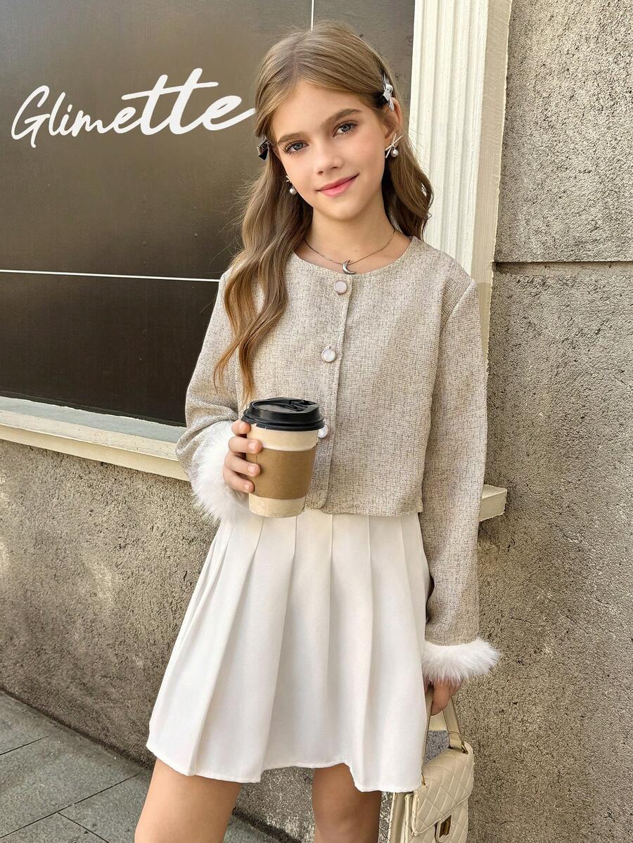 Girls Short Fluffy Elegant White Faux Fur Jacket, Autumn/Winter