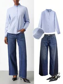 Maija Women's Pleated Collar Long Sleeve Single-Breasted Shirt, Suitable For Christmas Party Season, Women's Winter , Fall Winter 2025 Women , Christmas , Christmas For Women, New Year, New Year , Elegant Party Thanksgiving Shirt , Elegant Party Shirt, Beach For Women, Elegant , Light Blue Shirt