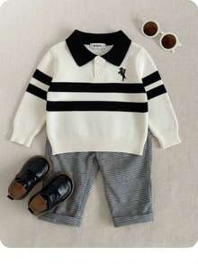 Baby Boy Contrast Stripe Drop Shoulder Half-Zip Casual Patchwork Collar Sweater