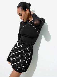 Maija Black Rhinestone Rhombus Pattern Skirt, Suitable For Urban Party And Gathering Party Dresses Stylish Clothing Collection Sparkly Dress Sequin Black Mini Skirt  Sexy Dress Sequin Skirt - Black - View 5