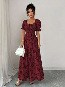 Elenzga Váy maxi chữ A cổ vuông in hoa thanh lịch cổ điển dành cho nữ, phù hợp mặc thường ngày, đi nghỉ, tụ tập hàng ngày, mùa xuân/hè - Nhiều màu - Xem 6