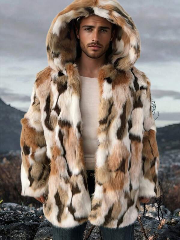 Manfinity Homme Men's Faux Fur Lined Mid-Length Jacket, Fluffy Coat For Autumn/Winter