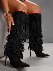 CUCCOO SZL 时尚尖头细高跟黑色多层流苏性感优雅女式过膝靴，黑色过膝长靴适合时尚派对、夜总会、音乐节、性感装扮 - 黑色 - 查看 3