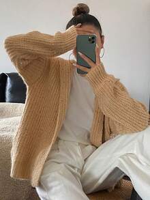 Livesso Damen Einfarbige Lose Gestrickte Lässige Kapuzenjacke, Herbst - Khaki - Übersicht 6