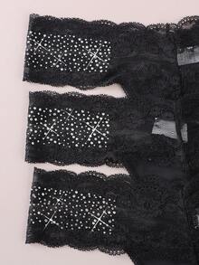 3pcs/Pack Fashionable Sexy Lace Patchwork Rhinestone Thong Panties - Black - View 8