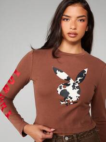 Missguided x Playboy Fitted Long Sleeve Crop Top With Cow Print Bunny Graphic And Red Sleeve Text For Casual Streetwear - Brown - View 4
